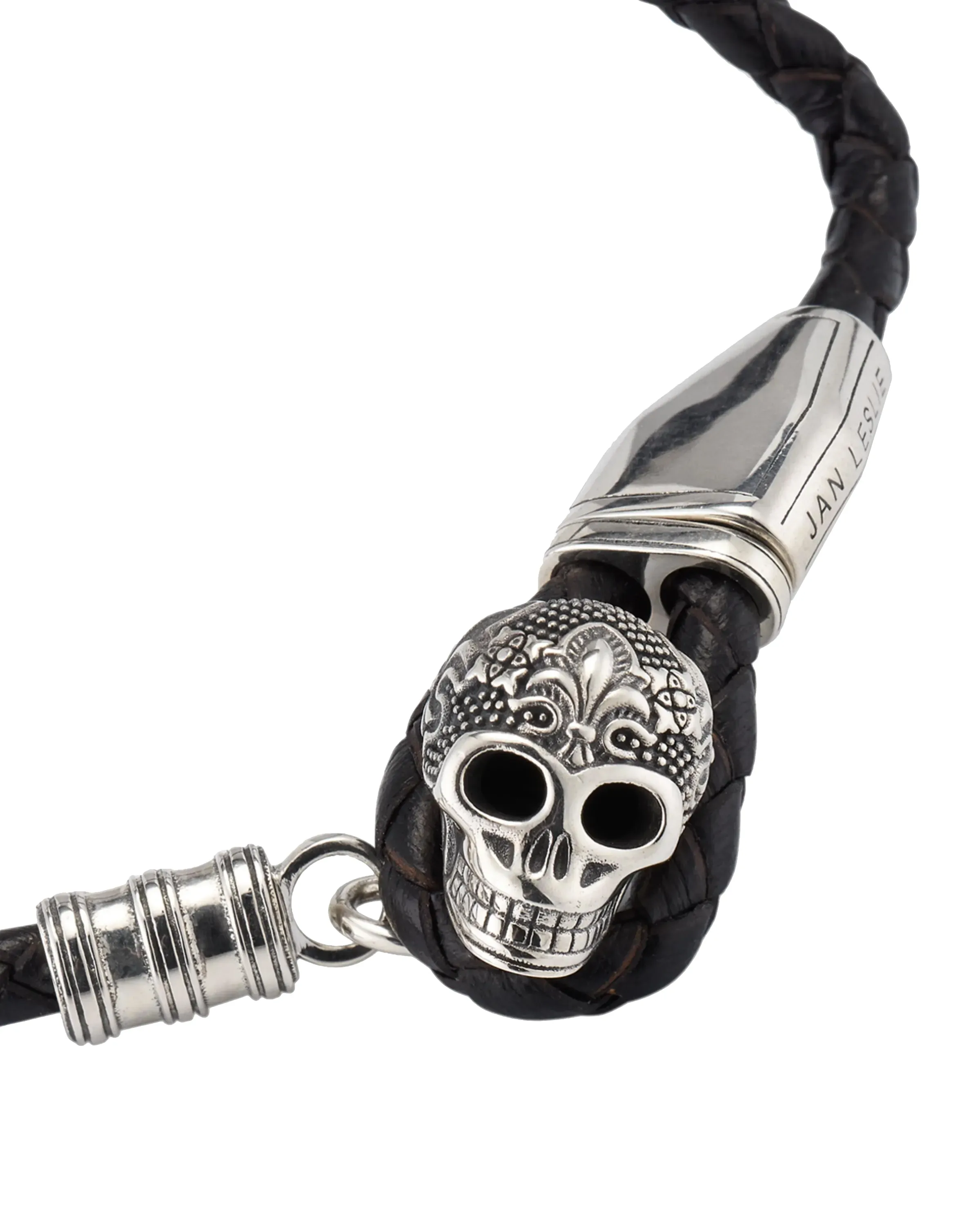 Braided Leather Sterling Skull Bracelet