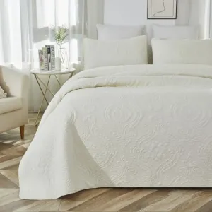 Brandream Quilt Set Cotton Queen King Size Bedspread Coverlet Set 100% Cotton Cream White Luxury Quilted Comforter Sets Damask Embroidery Lightweight