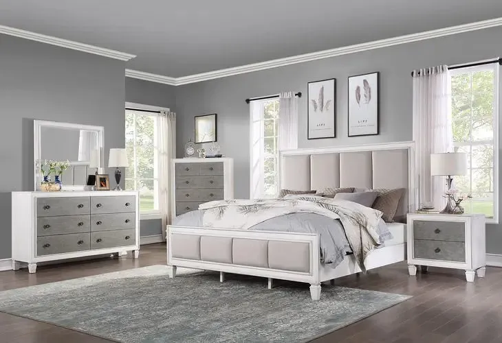 Branson Queen Bed, Gray Linen & White Finish