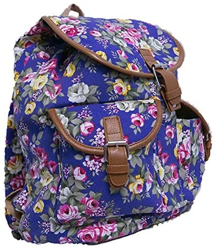 Bravo Vintage Women Canvas Travel Satchel Shoulder Bag Backpack Rucksack - Rose Blue