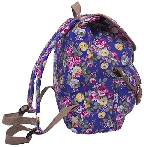 Bravo Vintage Women Canvas Travel Satchel Shoulder Bag Backpack Rucksack - Rose Blue