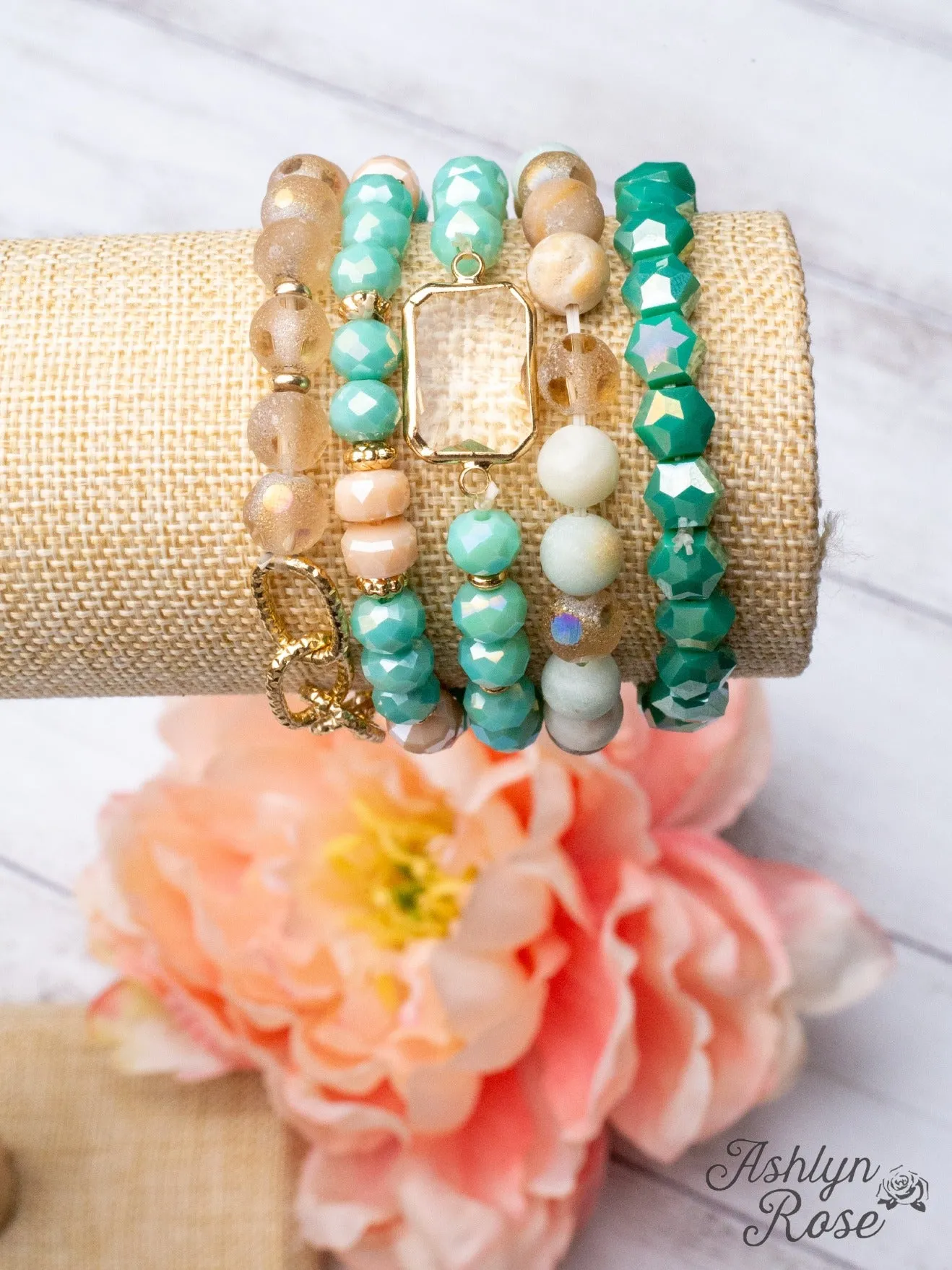 Breakfast At Tiffany's Mint Crystal Mixed Beads Bracelet Set