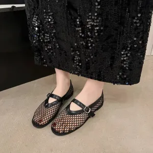 Breathable Mesh Ballet Flats With Cutout Fishnet Design