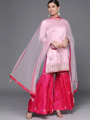 breathtaking pink silk blend embroidered kurta set