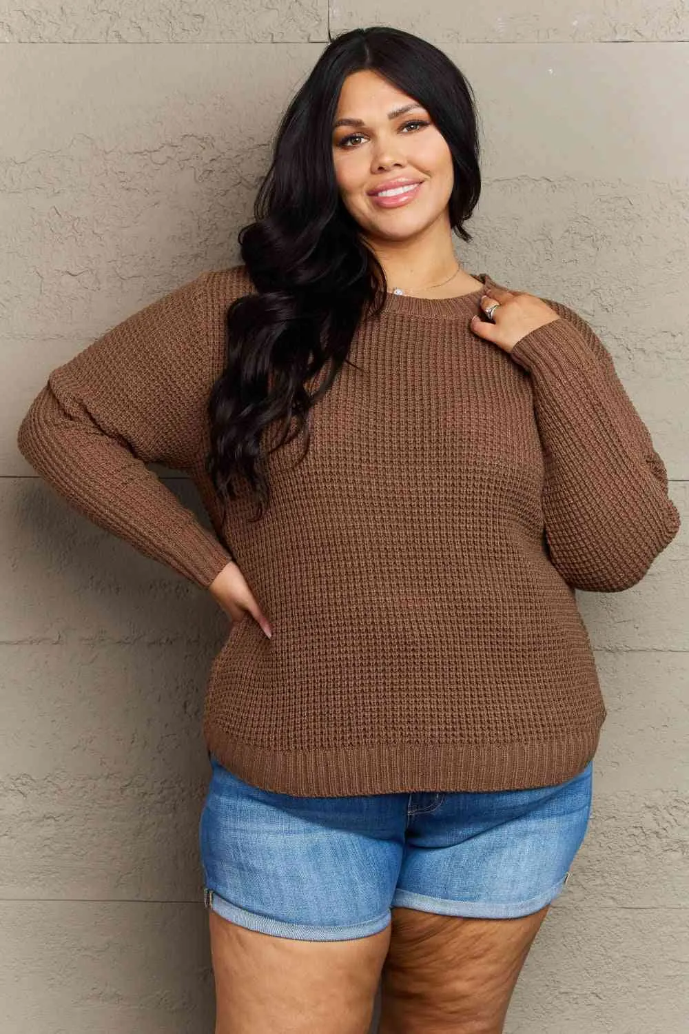 Breezy Days Plus Size High Low Waffle Knit Sweater