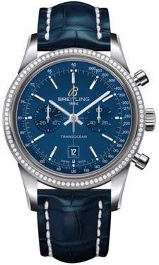 Breitling - Transocean Chronograph 38 Steel - Diamond Bezel - Croco Strap