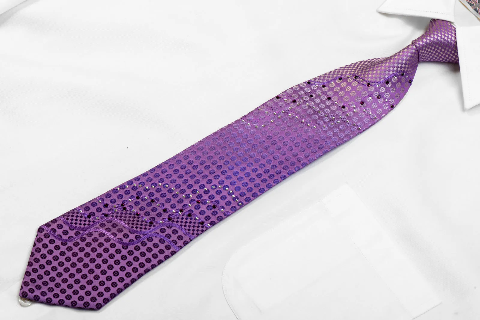 Brentwood Rhinestone Silk Tie Purple Silver Checker Dots With Sparkles