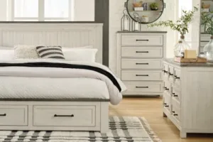 Brewgan King Panel Storage Bed with Mirrored Dresser and Chest