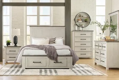 Brewgan Queen Panel Storage Bed with Mirrored Dresser, Chest and Nightstand