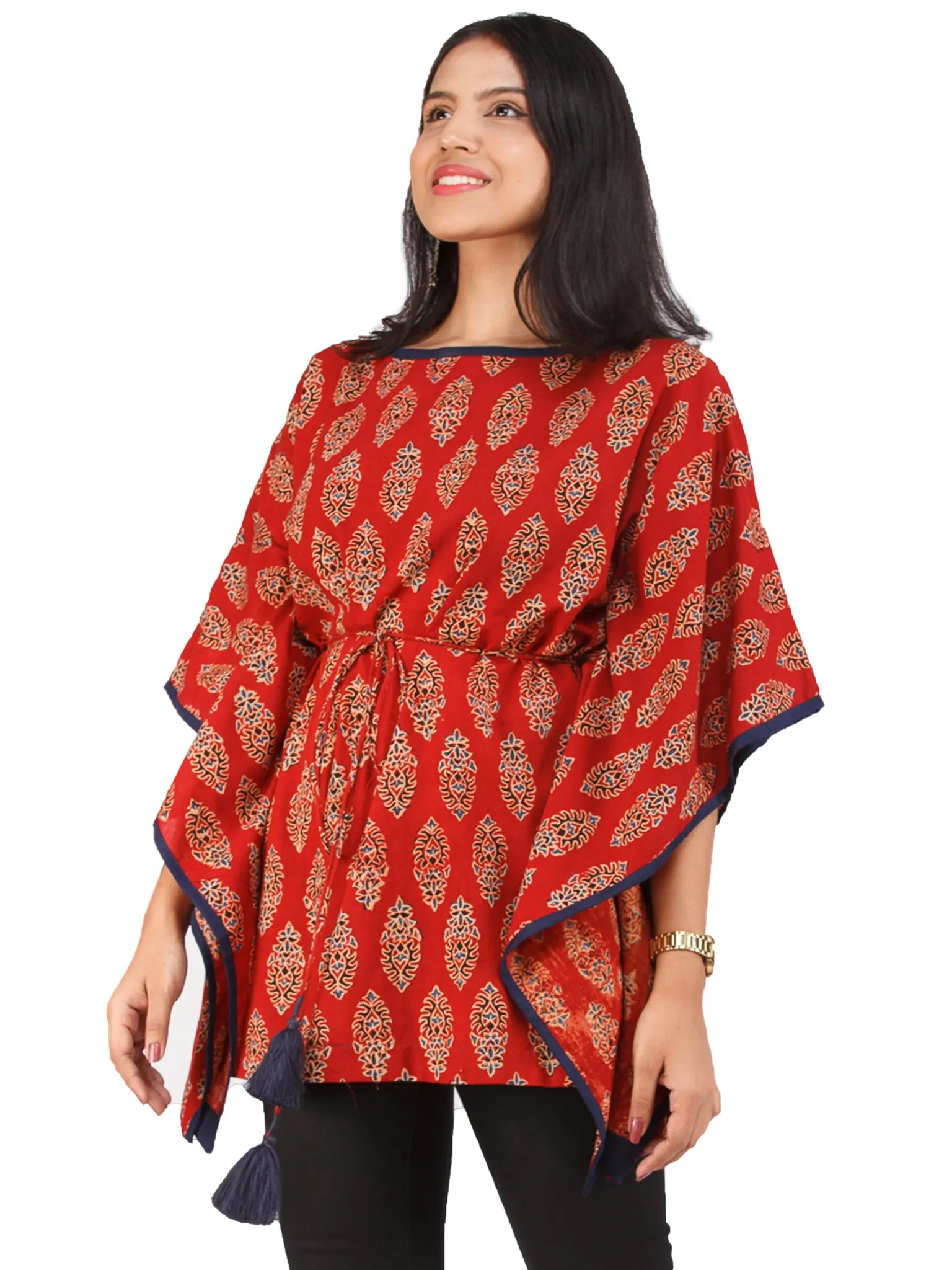 Brick Red Black Ajrakh Hand Block Printed Kaftan - K155F1610