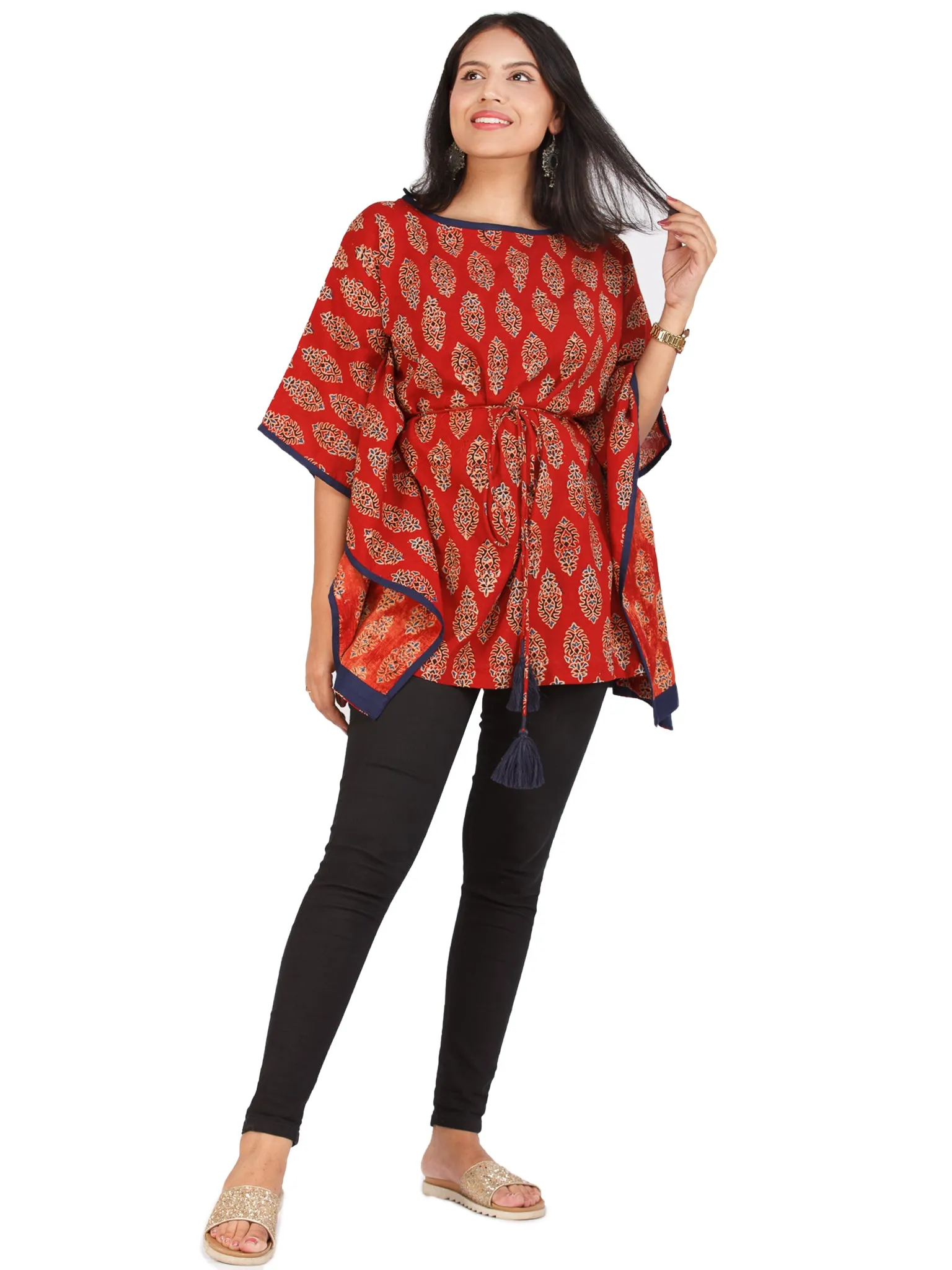 Brick Red Black Ajrakh Hand Block Printed Kaftan - K155F1610