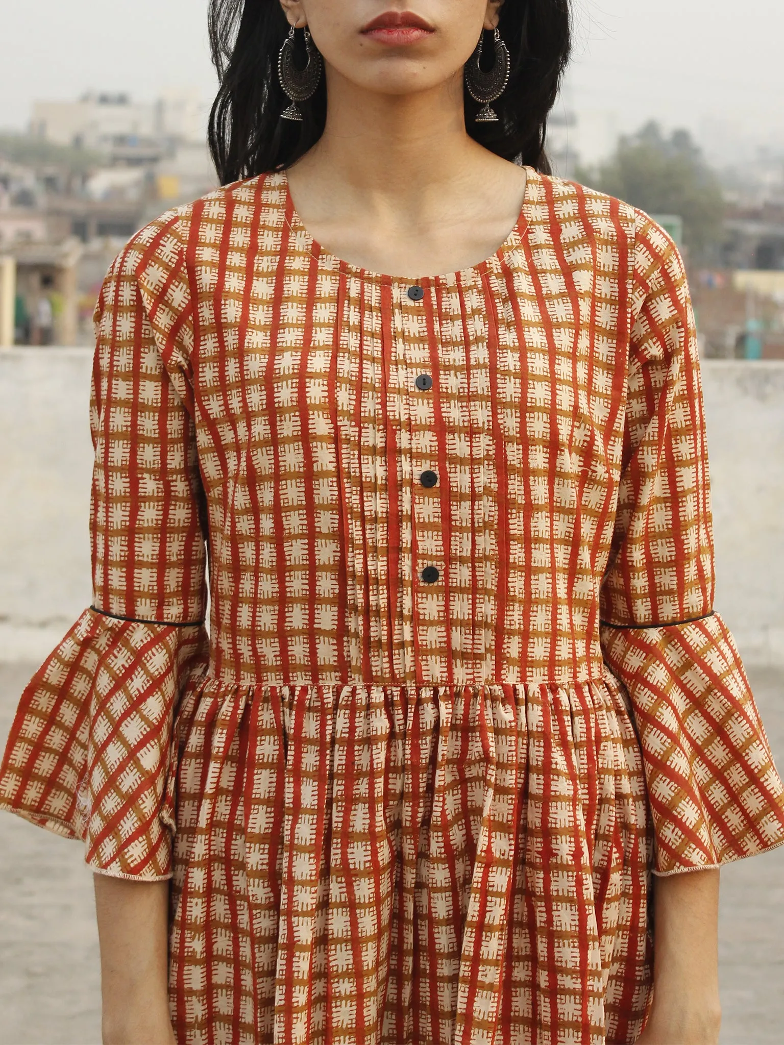 Brick Red Ivory Brown Hand Block Long Cotton Dress With Bell Sleeves  - D151F1094