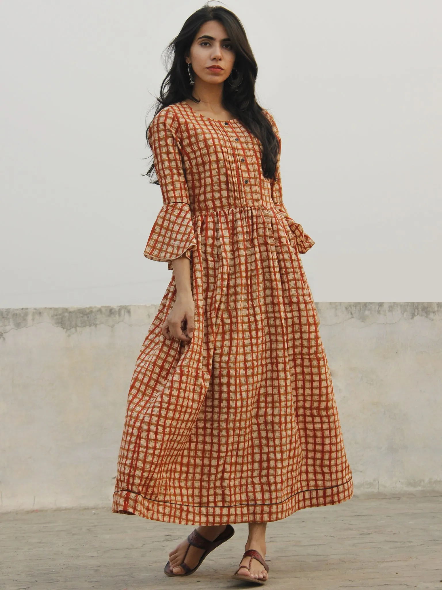 Brick Red Ivory Brown Hand Block Long Cotton Dress With Bell Sleeves  - D151F1094