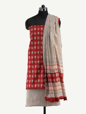 Brick Red White Black Bagh Hand Block Printed Cotton Suit-Salwar Fabric With Cotton Dupatta (Set of 3) - SU01HB418