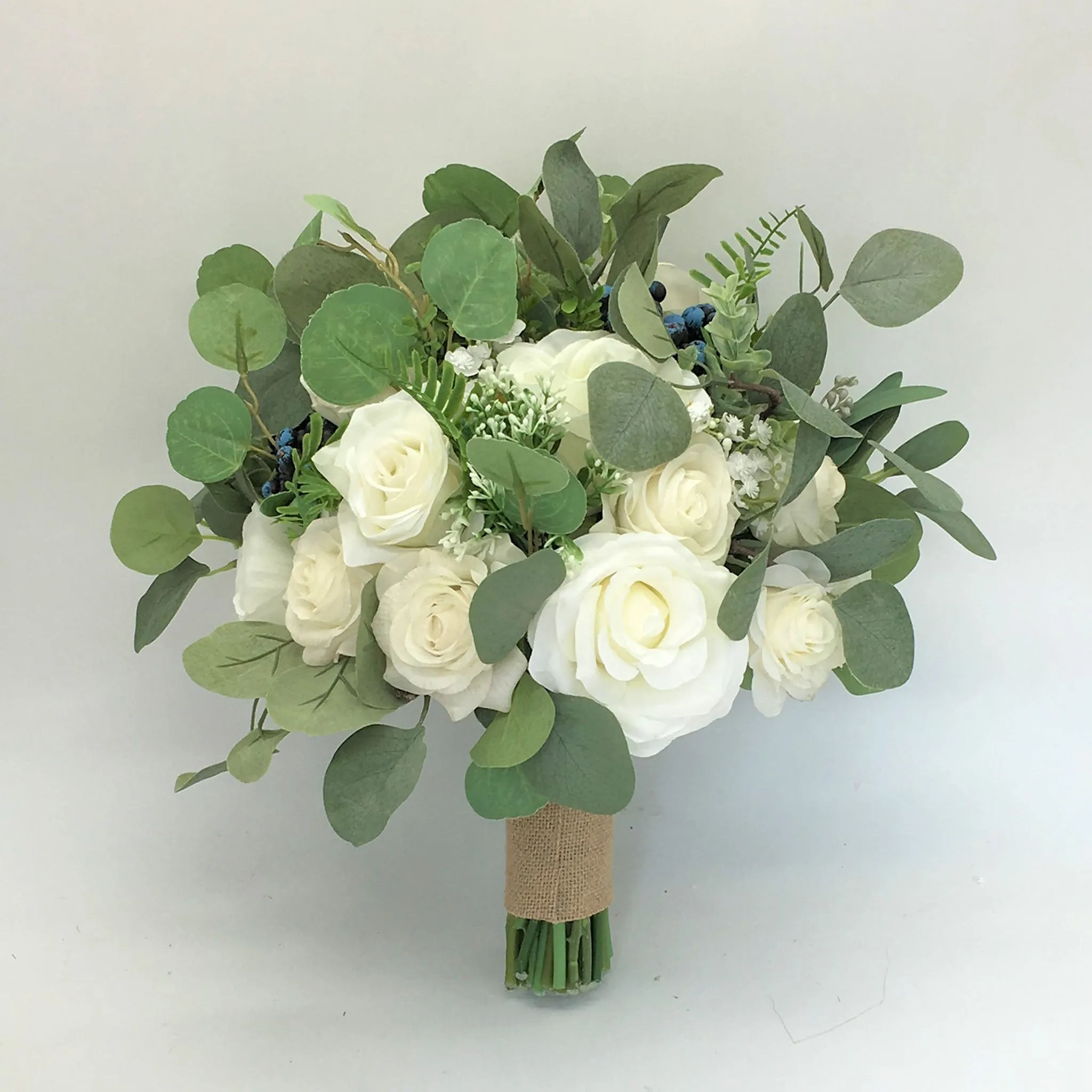 Bridal Bouquet Rustic Wedding Bouquet Faux Eucalyptus Ivory Roses