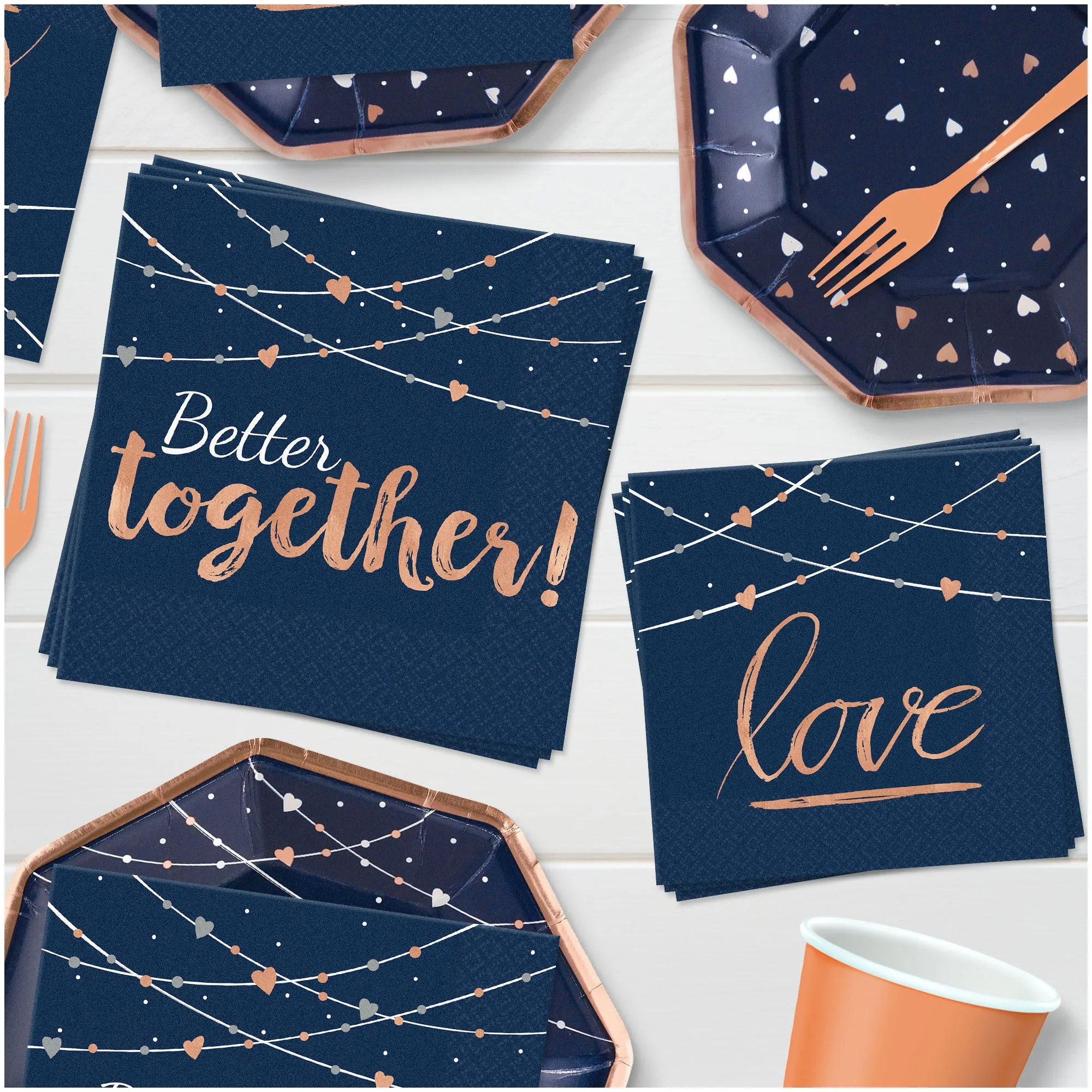 Bridal Party Supplies - Navy & Blush Rose Gold Wedding Cocktail Beverage Napkins, 32 Count