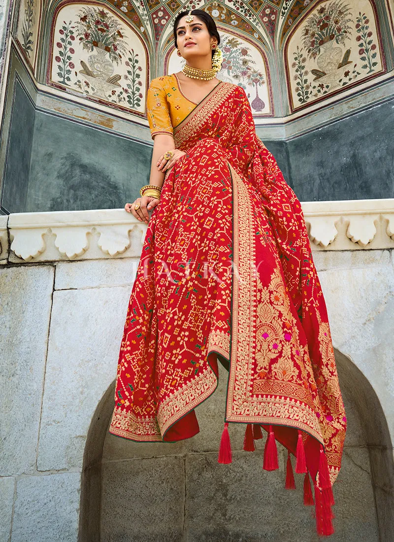 Bridal Red And Yellow Multi Embroidered Silk Saree