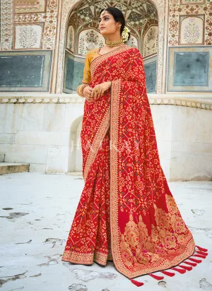 Bridal Red And Yellow Multi Embroidered Silk Saree