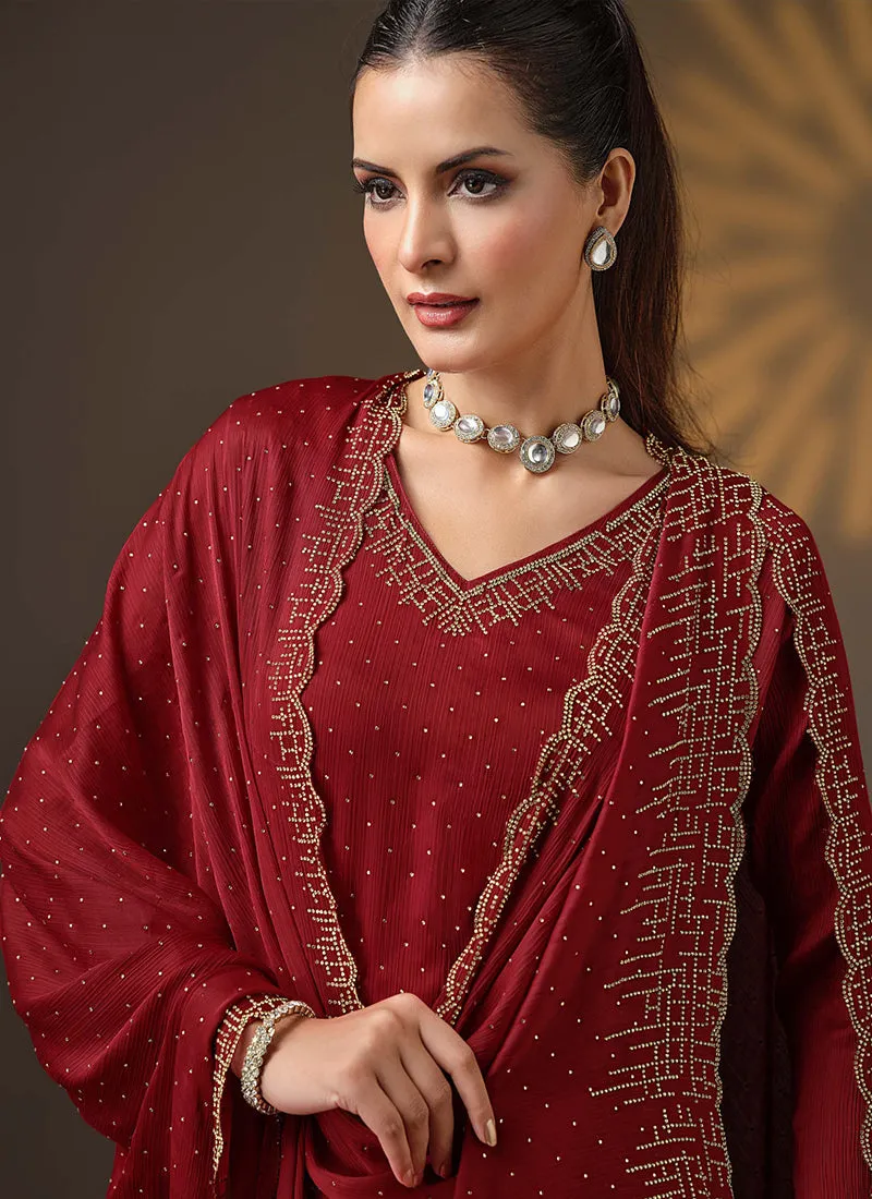 Bridal Red Golden Embroidered Pant Style Suit