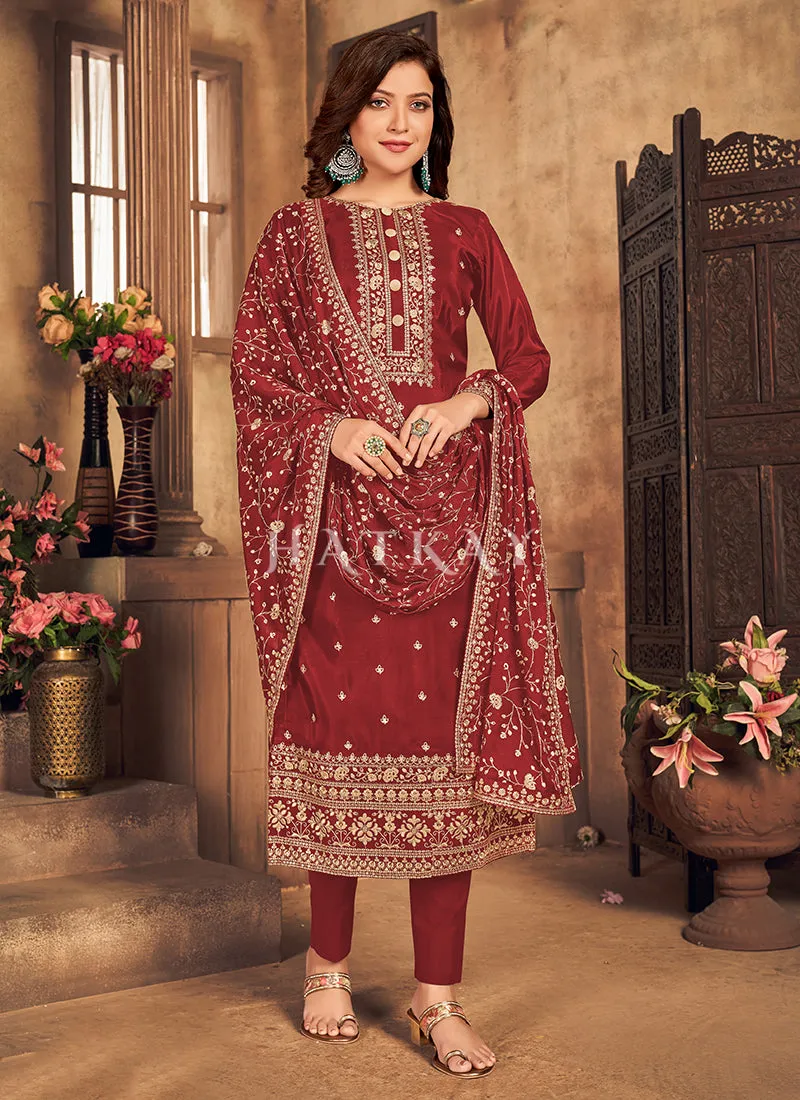 Bridal Red Golden Embroidered Traditional Pant Suit