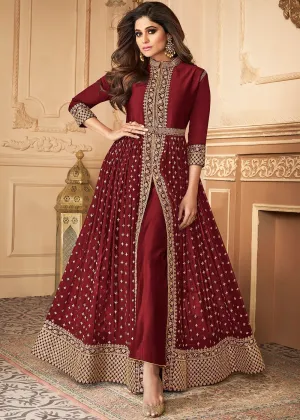 Bridal Red Golden Slit Style Pants Suit