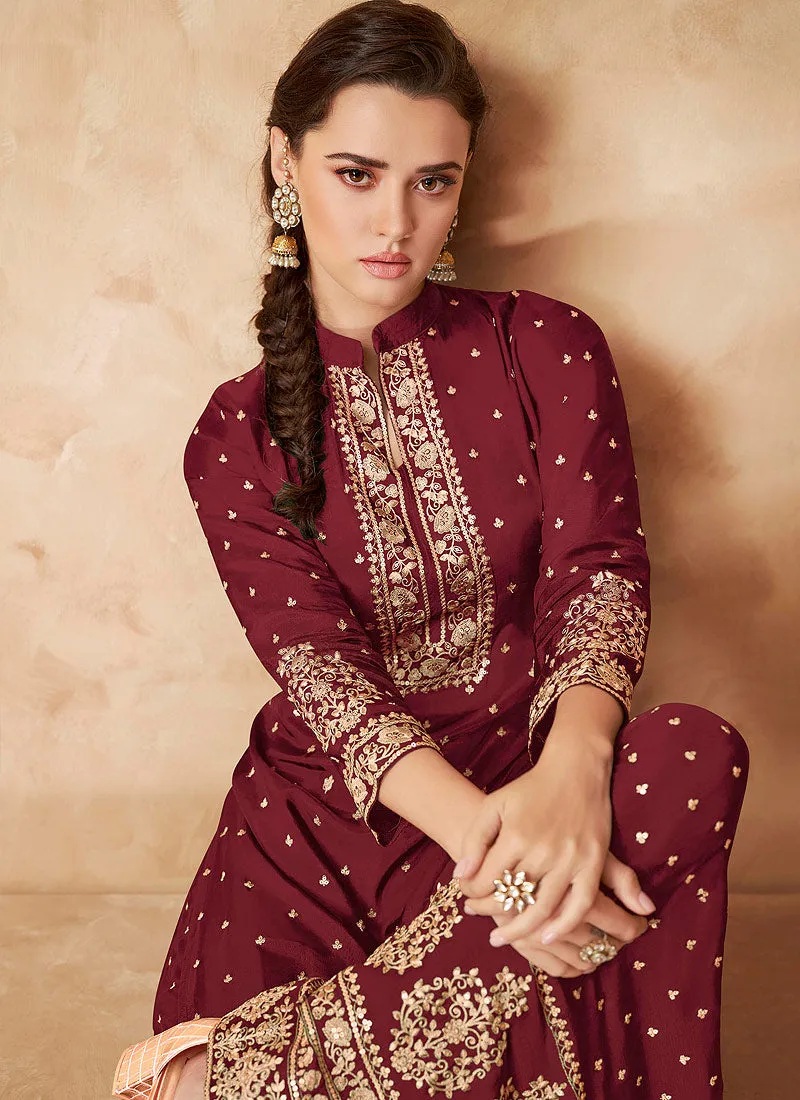 Bridal Red Golden Zari Embroidered Sharara Style Suit