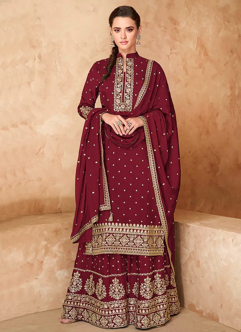 Bridal Red Golden Zari Embroidered Sharara Style Suit