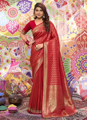 Bridal Red Mirror And Stone Work Embroidery Brocade Satin Silk Saree