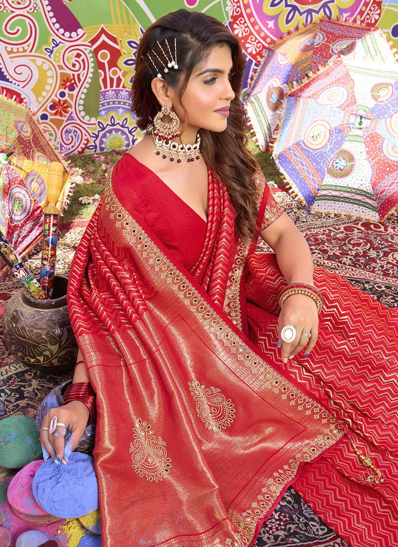 Bridal Red Mirror And Stone Work Embroidery Brocade Satin Silk Saree