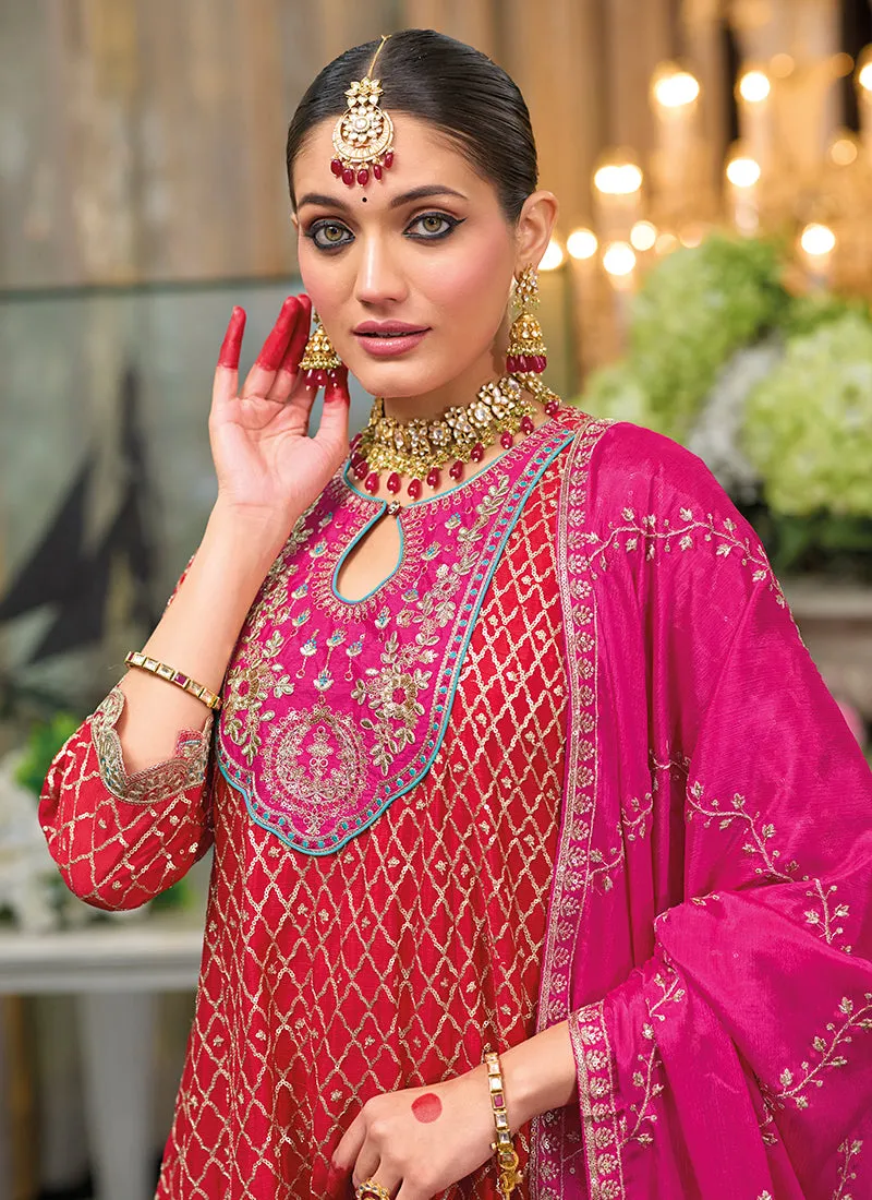 Bridal Red Multi Embroidered Designer Dhoti Style Suit