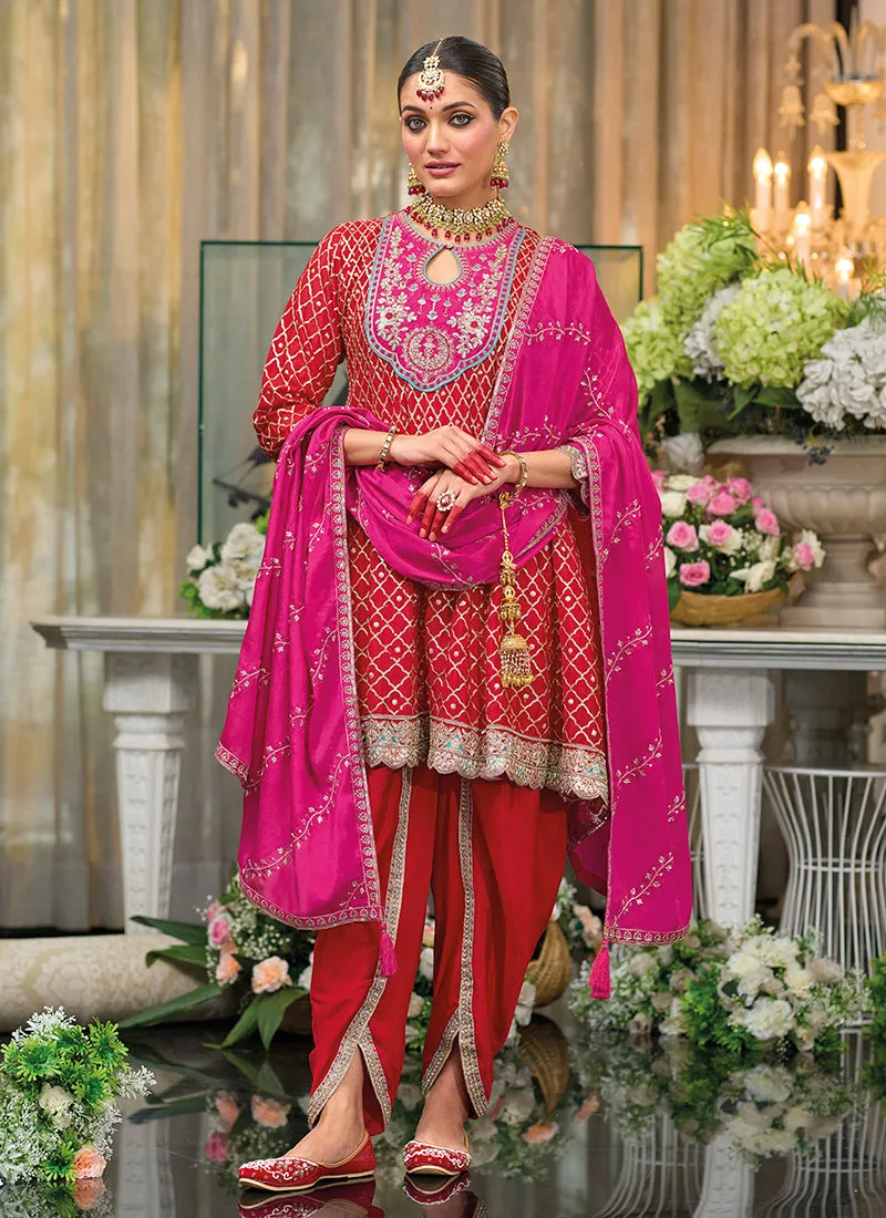 Bridal Red Multi Embroidered Designer Dhoti Style Suit