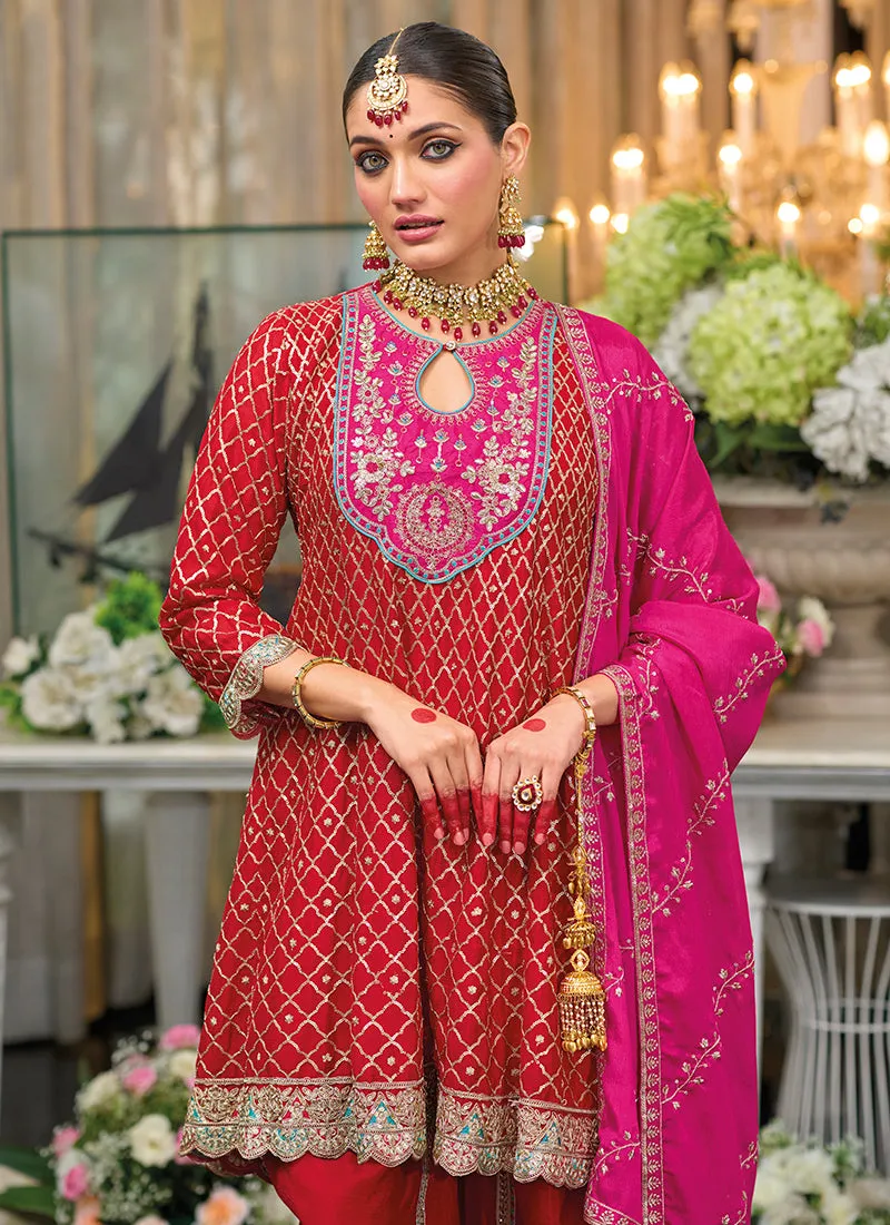 Bridal Red Multi Embroidered Designer Dhoti Style Suit