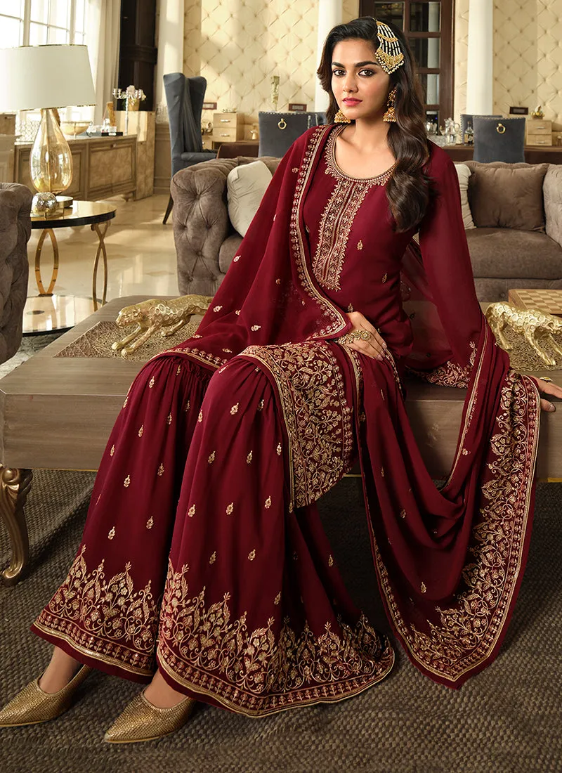 Bridal Red Sequence Embroidery Festive Gharara Style Suit