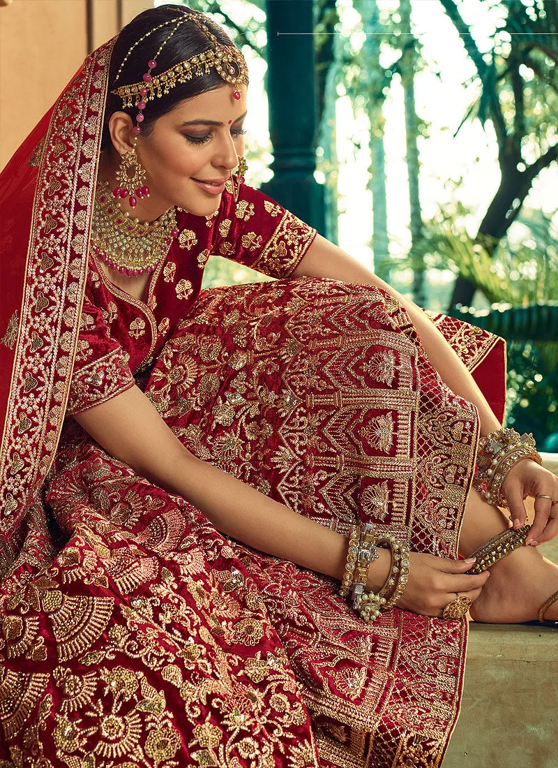 Bridal Red Velvet Embroidered Wedding Lehenga Choli