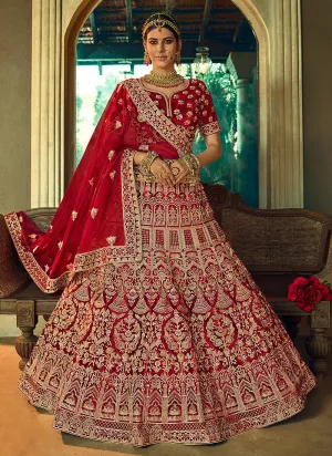 Bridal Red Velvet Embroidered Wedding Lehenga Choli