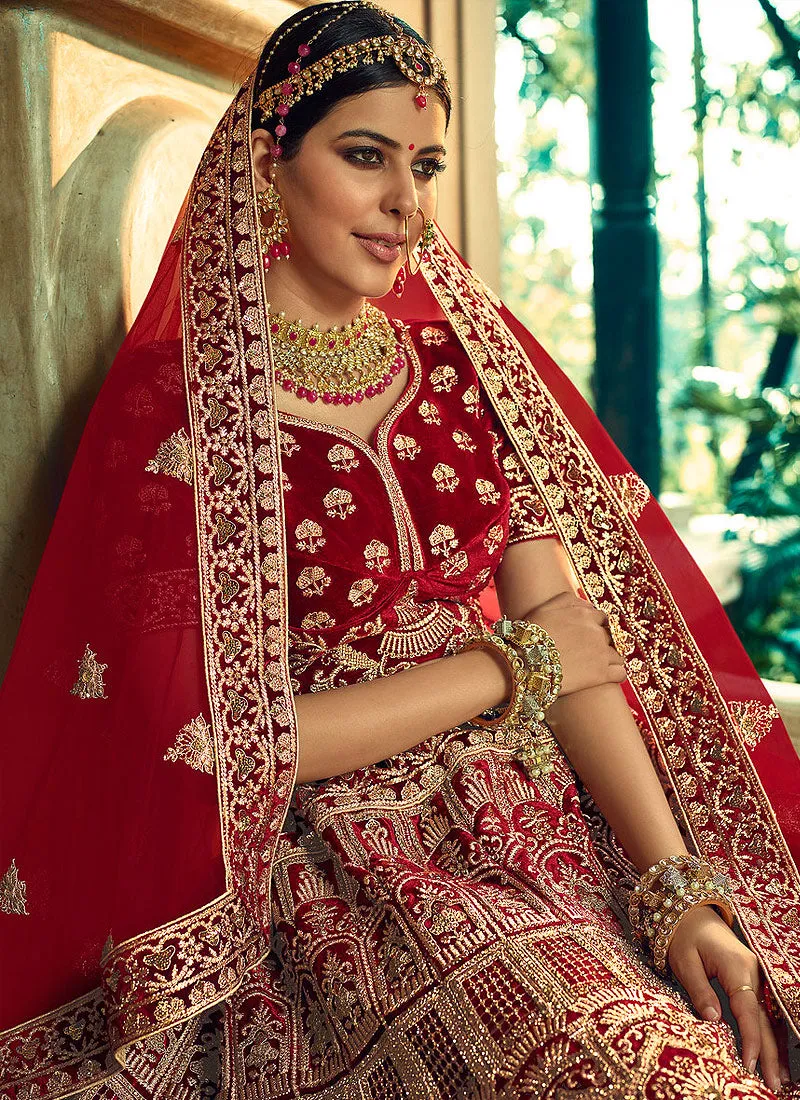 Bridal Red Velvet Embroidered Wedding Lehenga Choli