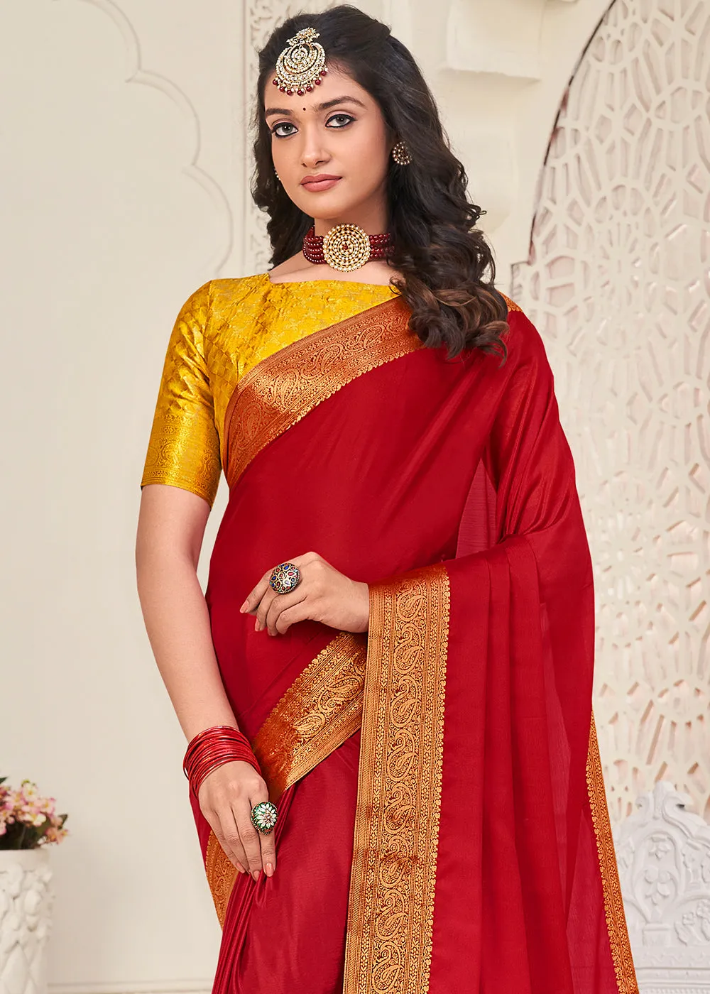 Bridal Red Woven Chinon Silk Saree