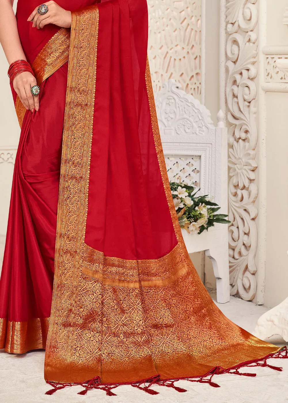 Bridal Red Woven Chinon Silk Saree