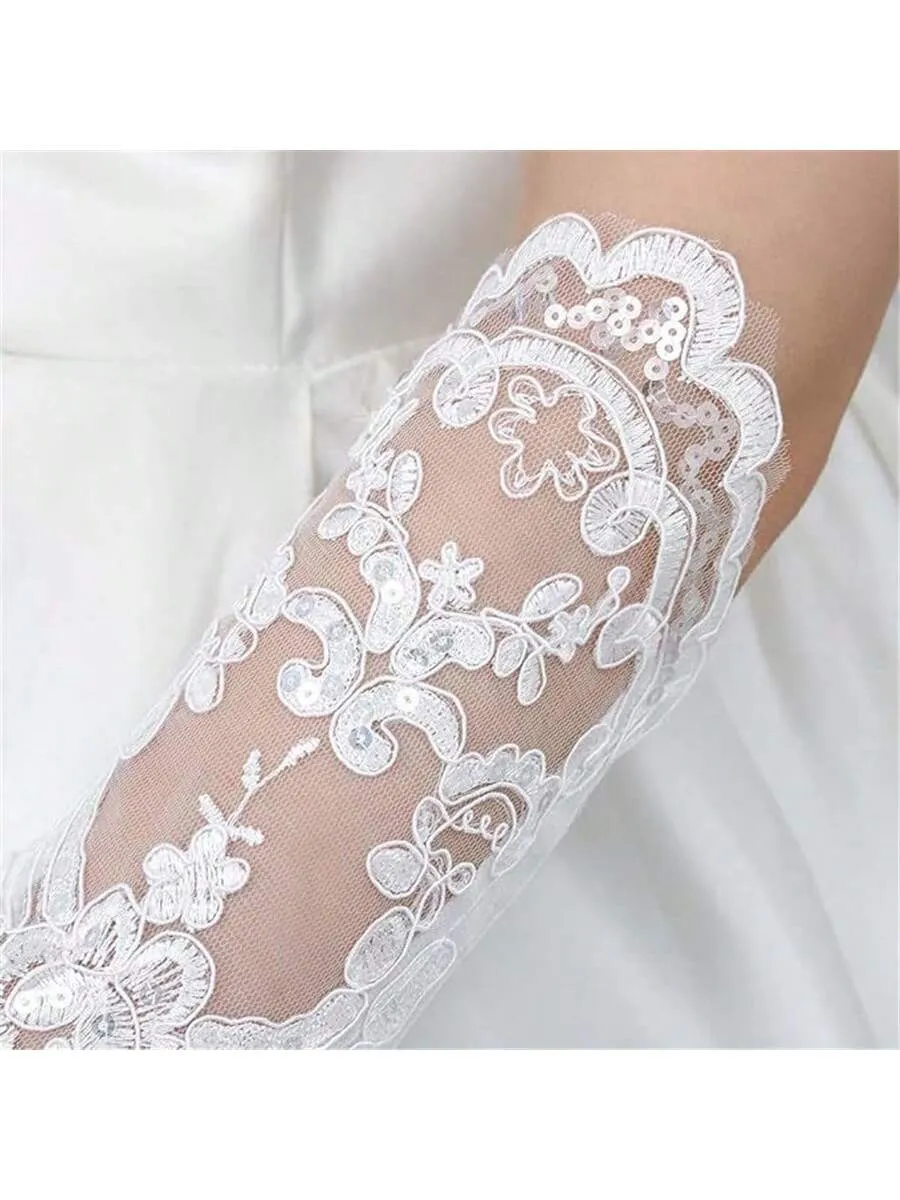 Bridal Wedding Gloves, Long Embroidered Lace, Sequin Detailing, Satin Finish, For Banquet, Opera, Stage Performance