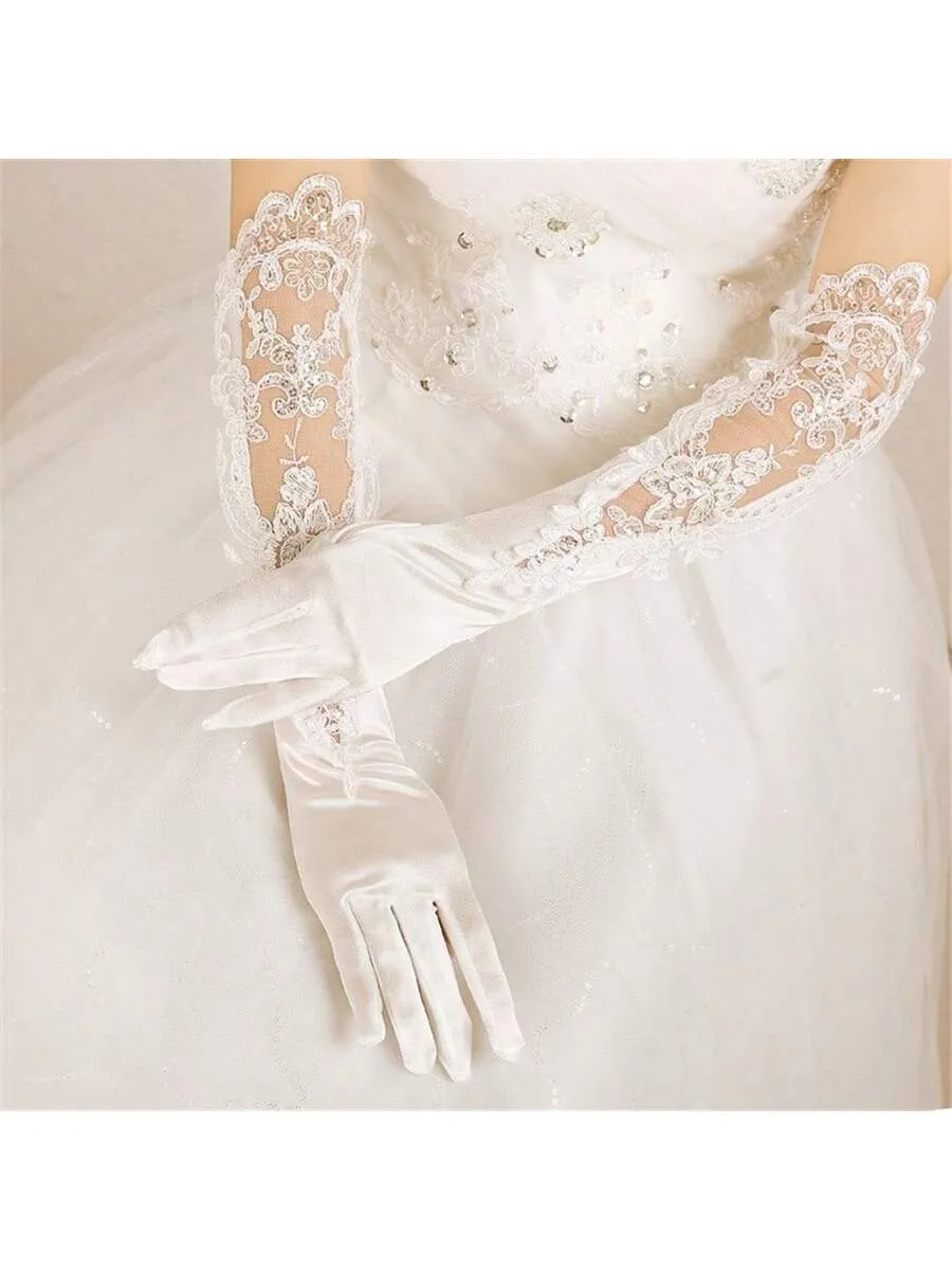 Bridal Wedding Gloves, Long Embroidered Lace, Sequin Detailing, Satin Finish, For Banquet, Opera, Stage Performance