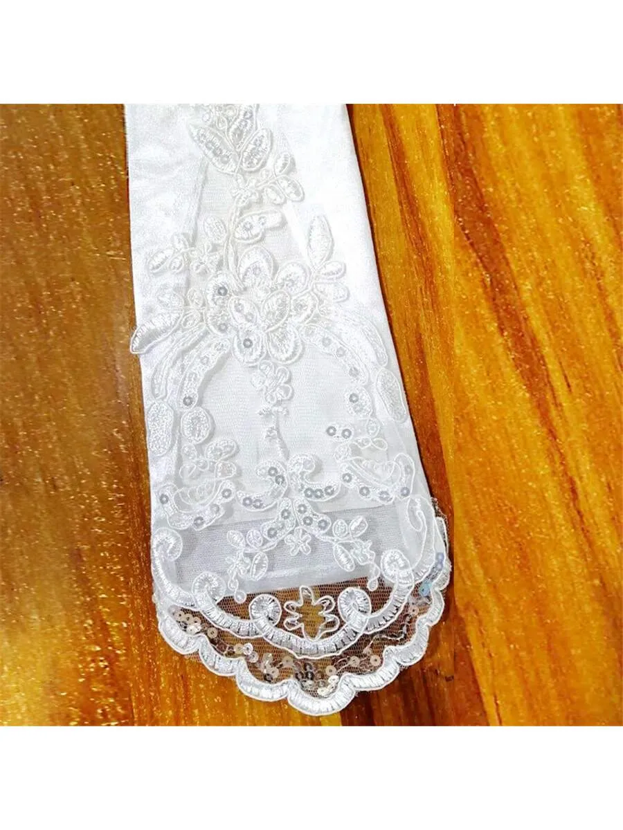 Bridal Wedding Gloves, Long Embroidered Lace, Sequin Detailing, Satin Finish, For Banquet, Opera, Stage Performance