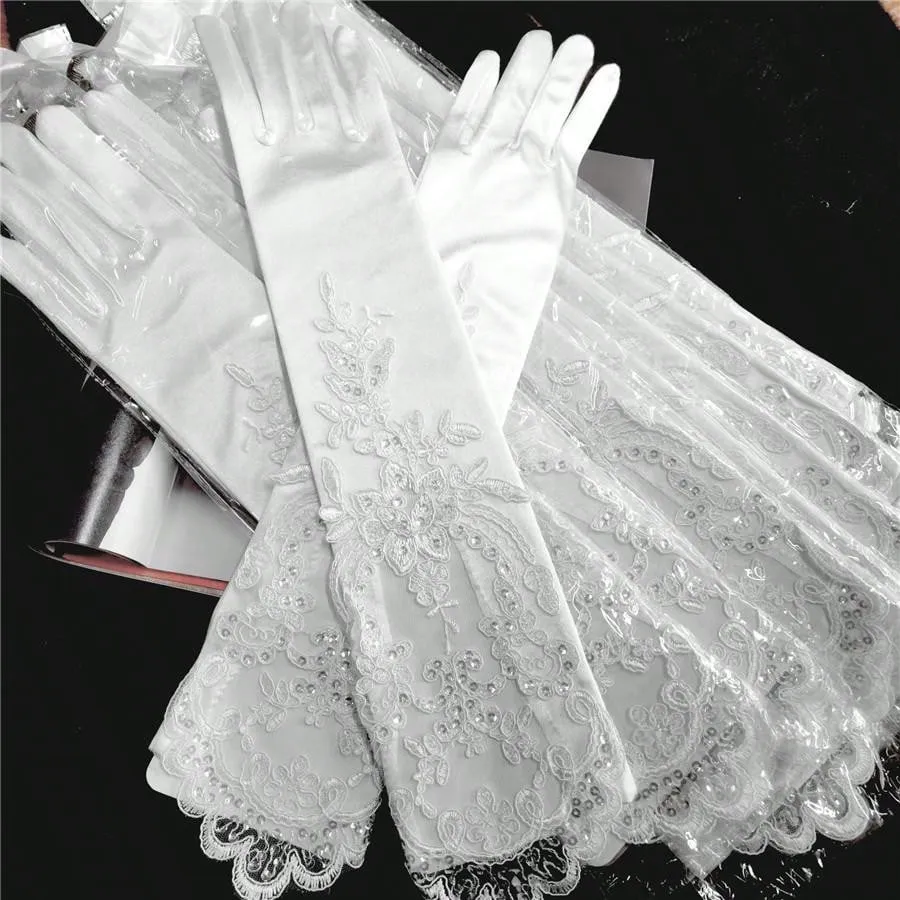 Bridal Wedding Gloves, Long Embroidered Lace, Sequin Detailing, Satin Finish, For Banquet, Opera, Stage Performance