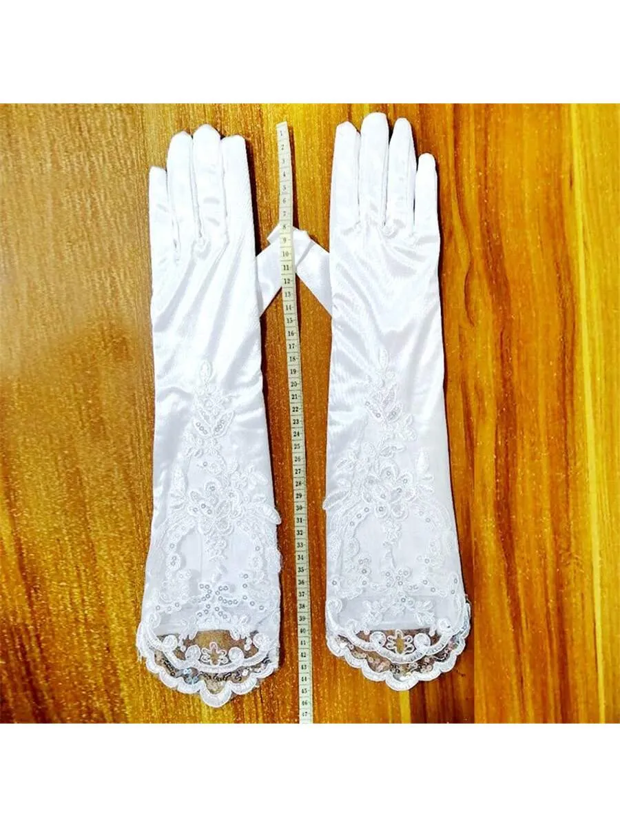 Bridal Wedding Gloves, Long Embroidered Lace, Sequin Detailing, Satin Finish, For Banquet, Opera, Stage Performance