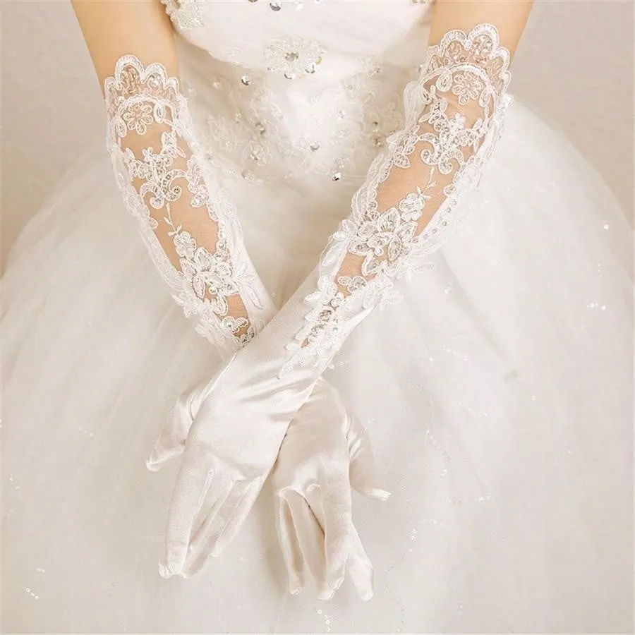 Bridal Wedding Gloves, Long Embroidered Lace, Sequin Detailing, Satin Finish, For Banquet, Opera, Stage Performance