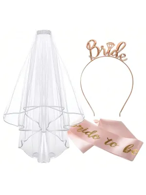 Bride To Be Sash And Veil, Hen Party Accessories With Tiara Bride To Be Sash Bride Headband For Bridal Shower, Rose Gold Wedding Hen Do Decorations For Bride Bachelorette Hen Night Party Games