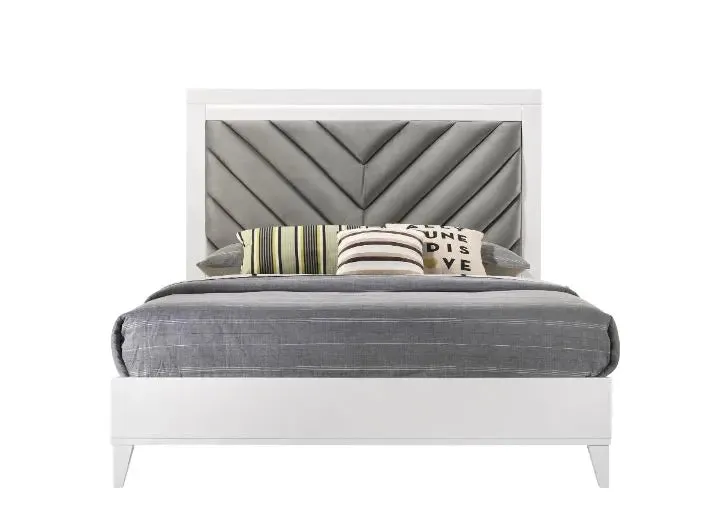 Briella King Bed, Gray Fabric & White Finish