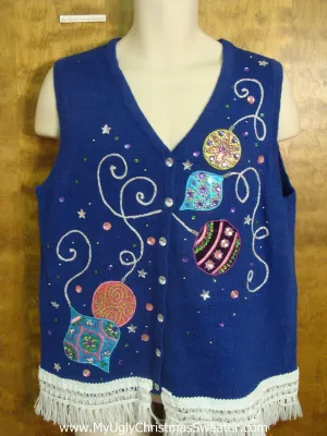 Bright Blue Christmas Sweater Vest with Ornaments