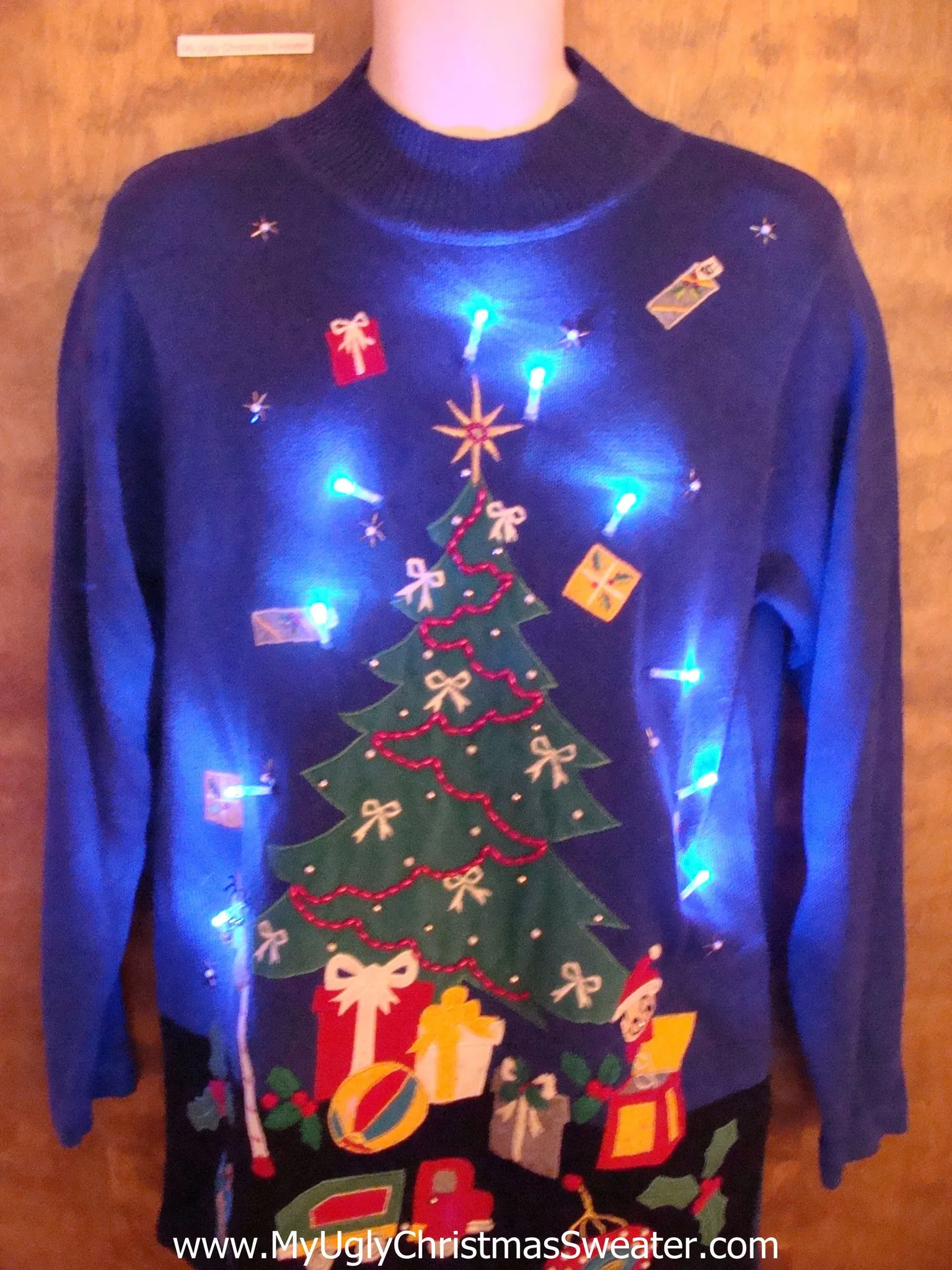 Bright Blue Light Up Ugly Xmas Sweater with Awesome Tree