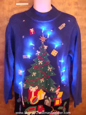 Bright Blue Light Up Ugly Xmas Sweater with Awesome Tree