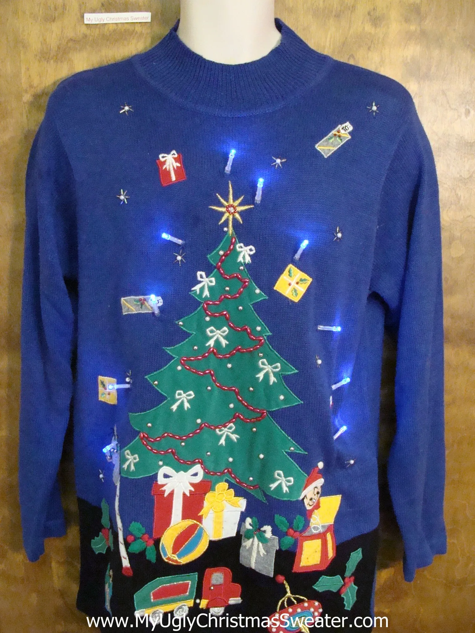 Bright Blue Light Up Ugly Xmas Sweater with Awesome Tree